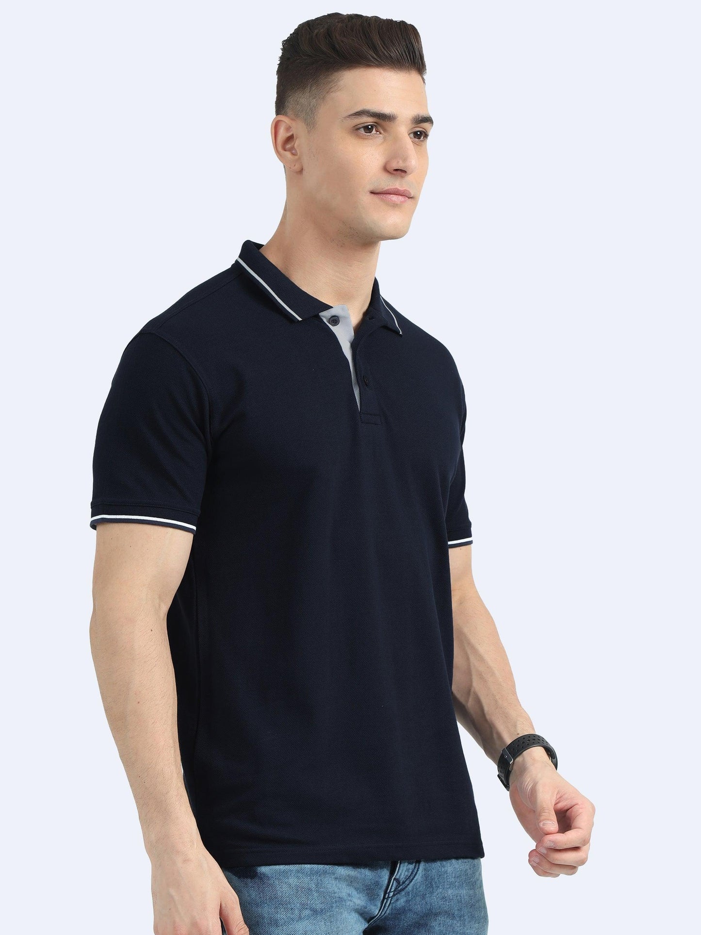 Pure Cotton Navy Blue Collar T-Shirts For Men  