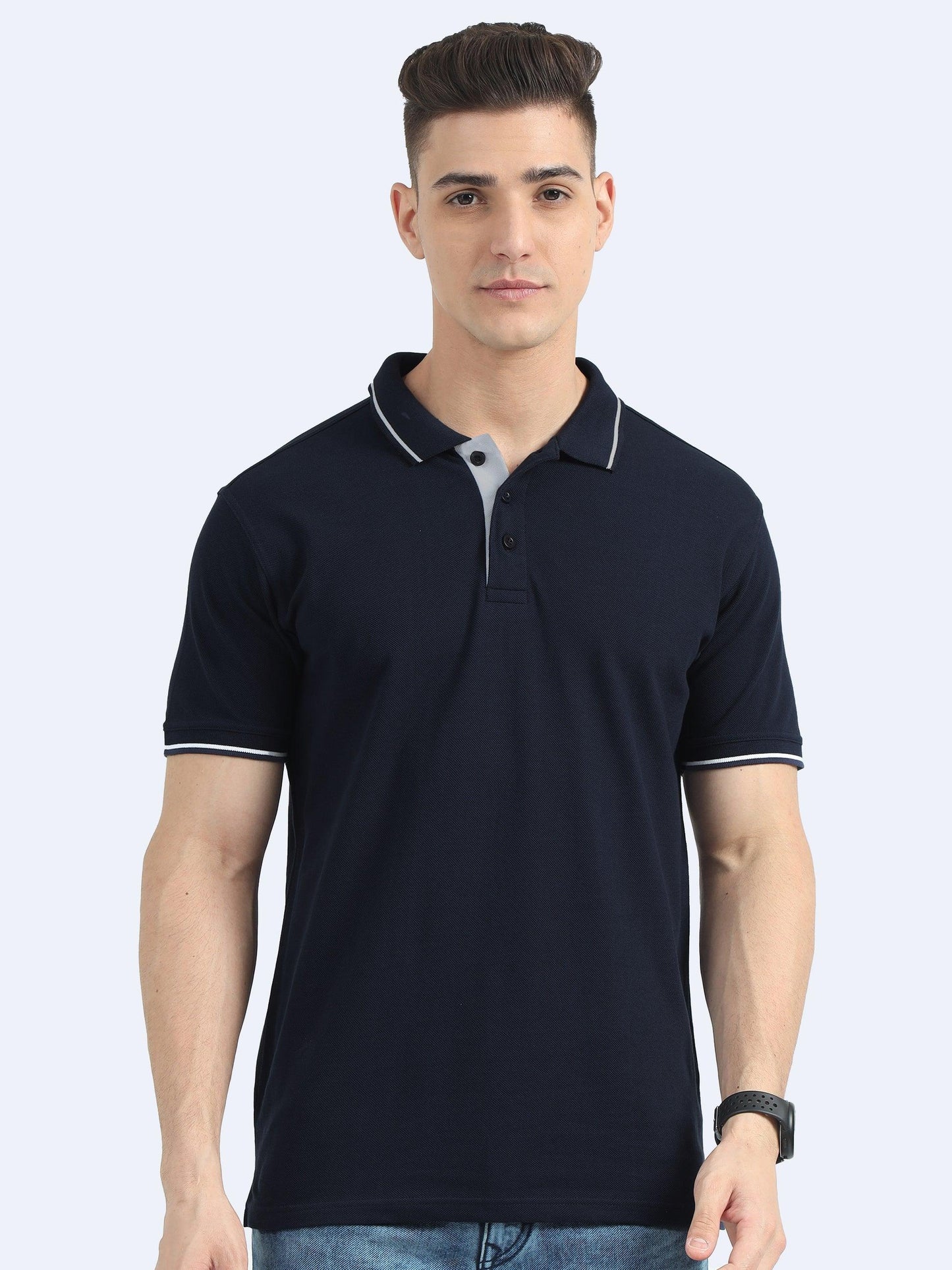 Pure Cotton  Navy Blue Polo T-Shirts For Men