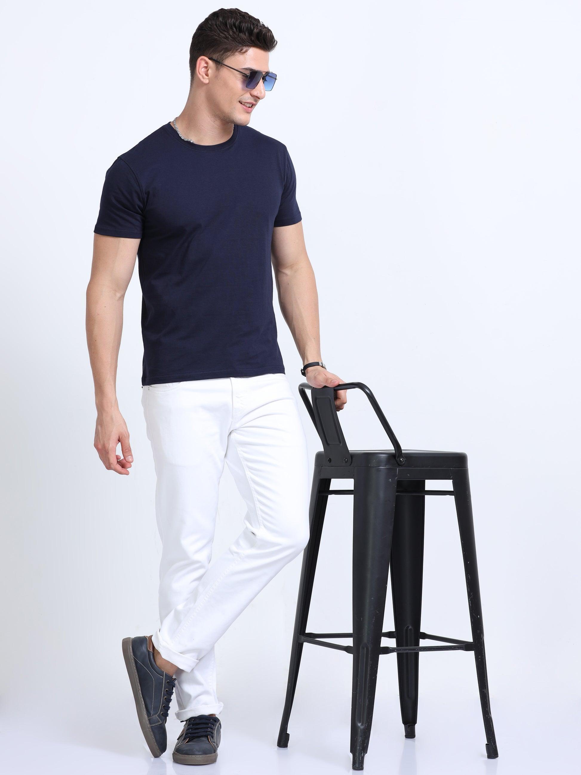 Pure Cotton Round Neck Tshirts for Men - Navy Blue